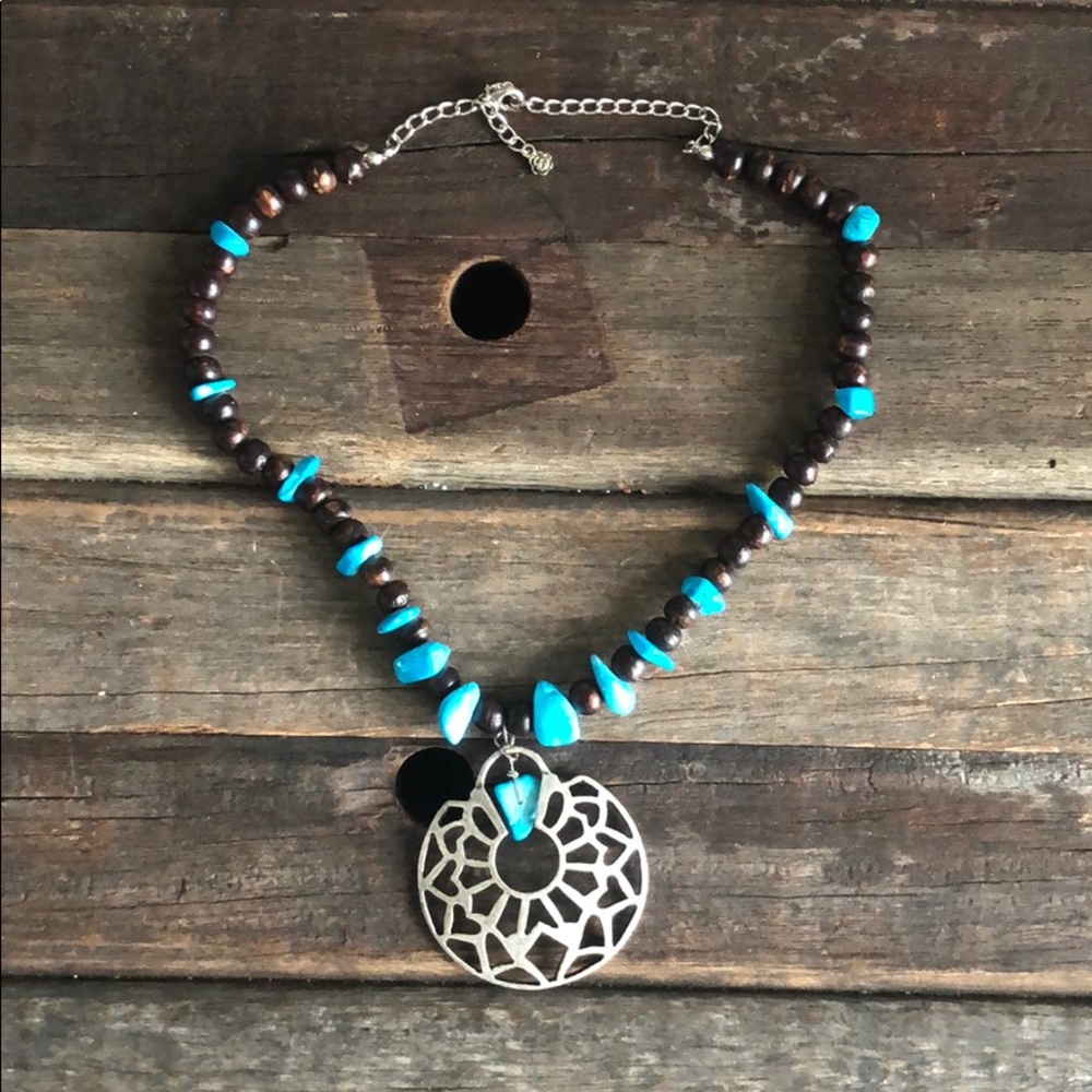 Turquoise and Wood Beaded Necklace